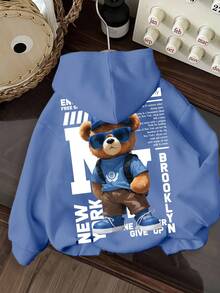 Young Boys Casual Minimalist NY Cartoon Bear Pattern Comfortable Thick Knit Long Sleeve Hoodie Sweatshirt,In Fall/Winter