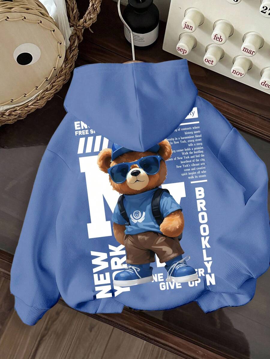 Young Boys Casual Minimalist NY Cartoon Bear Pattern Comfortable Thick Knit Long Sleeve Hoodie Sweatshirt,In Fall/Winter