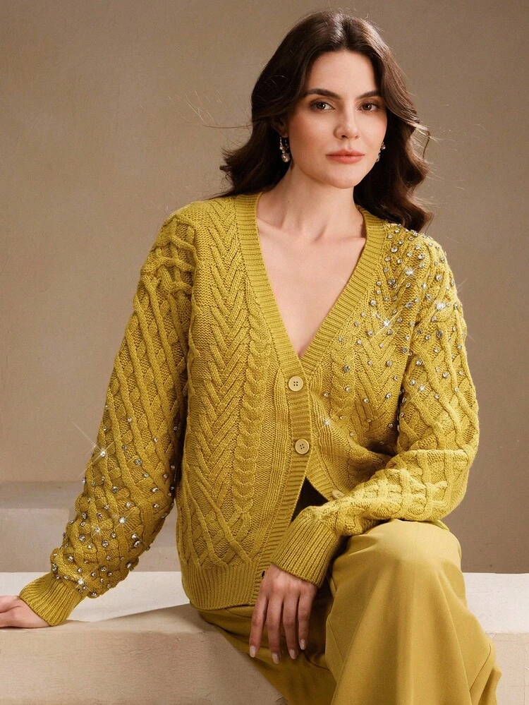 Women's Long Sleeve Single-Breasted Loose Fashion Rhinestone Twist Knit Cardigan