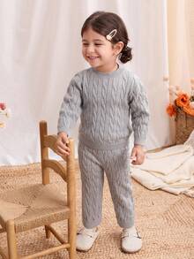 Blossori Baby Girl Cable Pattern Long Sleeve Sweater And Knitted Pants Set, Autumn Fall Winter - Grey - View 6