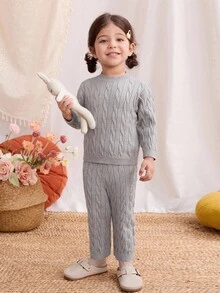 Blossori Baby Girl Cable Pattern Long Sleeve Sweater And Knitted Pants Set, Autumn Fall Winter - Grey - View 5