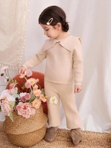 Blossori 女婴法式优雅领长袖毛衣和喇叭裤套装 - 卡其色 - 查看 6