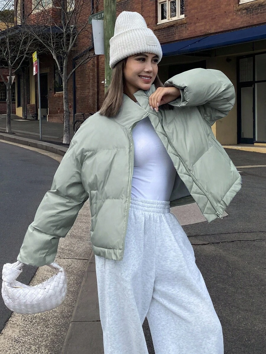 Livesso Solid Color Loose Collar Short Cotton-Padded Coat For Women Jacket - Mint Green - View 1