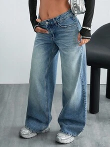 Damen Jeans mit tiefer Taille und weitem Bein - Mittele Waschung - Übersicht 5