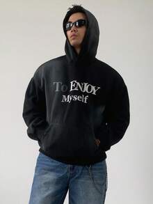 DAZY 男士字母印花水洗黑色连帽衫，街头风格，秋季 - 黑色 - 查看 5