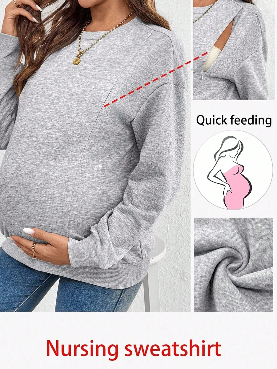 SHEIN Fall Clothes,Autumn Clothes,Maternity Autumn Clothes Maternity Loose Casual Maternity & Nursing Top Maternity Shirts For Women Breastfeeding Shirt Nursing Sweatshirt Pregnancy Shirts Maternity Clothing Breastfeeding Sweatshirt Maternity Sweatshirt Pregnancy Sweatshirt Maternity Clothes - Light Grey - View 1