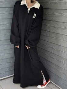 FRIFUL 女士 Polo 领卫衣连衣裙，全新设计感优雅撞色字母印花加厚长裙 - 黑色 - 查看 2