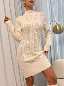 Lavishia Vestido de punto ajustado de unicolor con cuello alto para mujer, otoño/invierno - Albaricoque - Ver 3