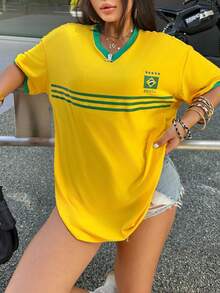 Rovax Plus Size Women's Summer Striped V-Neck Dropped Shoulder Loose Casual T-Shirt Graphic Tees Women Tops - Multicolor - View 5