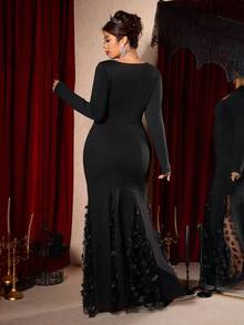 Cravure 大码女式时尚、优雅、浪漫、奢华派对3D提花网纱饰边修身连衣裙 - 黑色 - 查看 2