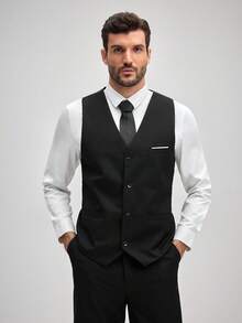 Officeau 男士三件套西装，优雅纯色修身绅士套装，包含马甲、西裤和领带，适合商务通勤、婚礼、派对、舞会等场合，黑色，尺码 XS-3XL，正式商务，经典绅士风，搭配西裤，春夏皆宜。 - 黑色 - 查看 5