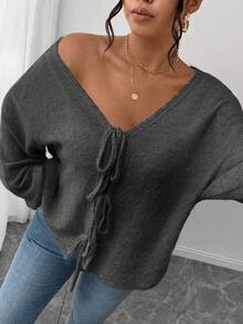 SHEIN Frenchy 加大码女式纯色针织法式毛衣，正面蝴蝶结设计，适合休闲、居家、校服，秋冬 - 灰色 - 查看 4