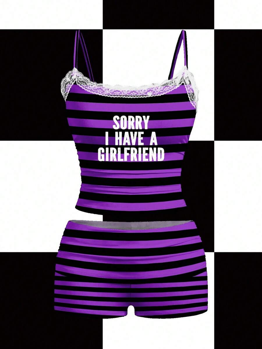 Y2Kool Vecteezy 紫色和黑色撞色条纹标语万圣节哥特风Y2K蕾丝拼接两件套，适合秋冬派对、休闲装、条纹套装、锐舞服装、紫色条纹套装、两件套背心套装、坏女孩服装、Emo服装 - 紫色 - 查看 1