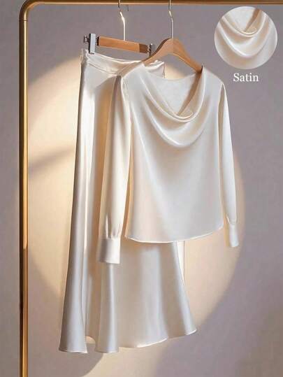 Franclia 法式斜领缎面长袖短款女式上衣，日常通勤必备；优雅女式半裙；女士两件套；秋季服装；夏季假日阳光之旅休闲度假风女装；大学秋季女装