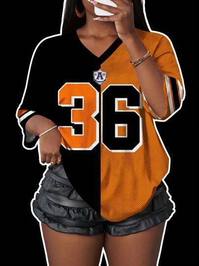 Slaydiva Casual Minimalist Letter & Number Graphic V-Neck T-Shirt For Plus Size Women, Suitable For Summer Suitable For Going Out