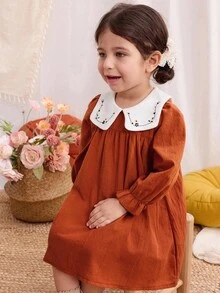 Blossori Baby Girls' French Elegant Colorblock Embroidered Collar Long Sleeve Dress Fall Winter - Multicolor - View 7