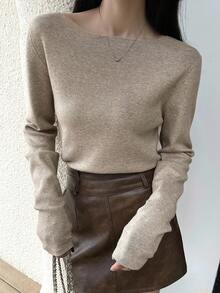DAZY Chic One-Shoulder Slim Fit Knit Sweater, Layering Top For Autumn/Winter, Halloween - Khaki - View 5