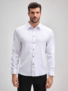 Officeau Men's White Long Sleeve Dress Shirt, For Formal Business/ Office - White - View 6