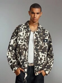 ROMWE MEN Street Life Men's Cow Print Letter Embroidered Drop Shoulder Casual Denim Jacket