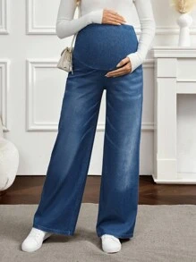 SHEIN 孕妇高腰阔腿宽松休闲百搭牛仔裤 - 藍色 - 查看 6