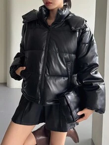 DAZY 女士宽松街头风连帽羽绒服外套冬季皮夹克 - 黑色 - 查看 4