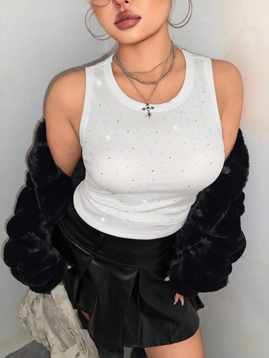 SHEIN EZwear Plus Size Nữ Mùa Hè Màu Trơn Kim Cương Giả Tôn Tạo Slim Fit Xếp Ly Áo Không Tay Có Cổ Tròn - trắng - Xem 1