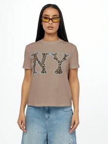 SUMWON WOMEN NY Leopard Print T-Shirt With Light Blue Outline Casual Summer Cotton Everyday Tee Streetwear Fashion Short Sleeve Crew Neck Urban Style