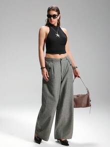 LYSMO Plus Size Women's Casual Floral Sheer Overlay Wide Leg Baggy Pants, Autumn/Winter