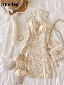 Bộ váy liền thân họa tiết hoa xinh xắn và áo khoác cardigan dài tay khoét lỗ cho bé gái tuổi mới lớn, trang phục du lịch & nghỉ dưỡng thanh lịch, quần áo dễ thương - Màu vàng - Xem 1