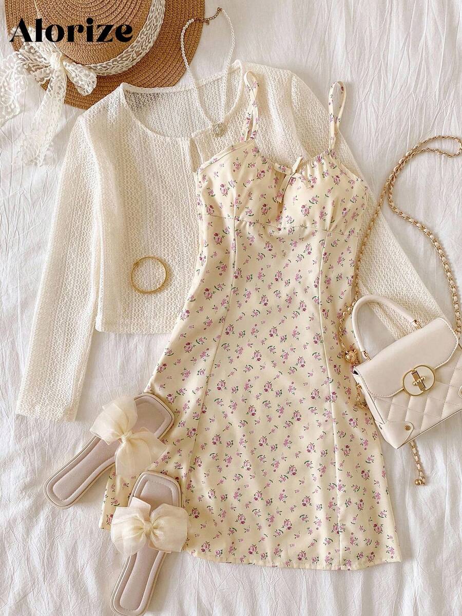 Bộ váy liền thân họa tiết hoa xinh xắn và áo khoác cardigan dài tay khoét lỗ cho bé gái tuổi mới lớn, trang phục du lịch & nghỉ dưỡng thanh lịch, quần áo dễ thương - Màu vàng - Xem 1