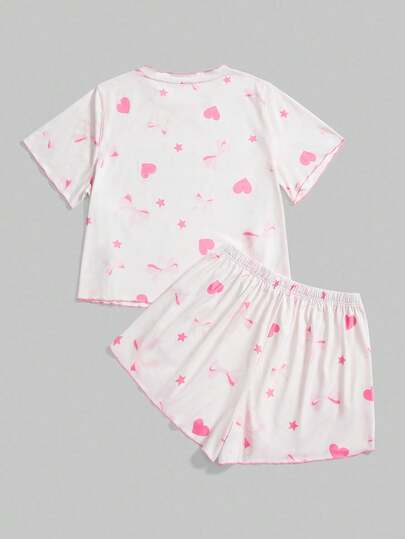 Kawaii Ensemble pyjama short à manches courtes avec imprimé nœud et cœur tout-sur-tout, style décontracté kawaii, grande taille