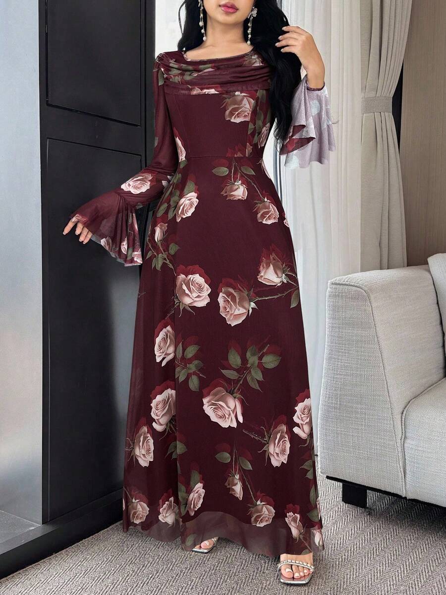 Modelyn Women's Floral Print Ruffle Flare Sleeve Elegant Dress - Burgundy - View 1