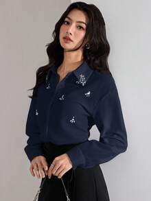 Heiryn Áo cánh đính đá trang trí thanh lịch dành cho nữ khi đi làm - Màu xanh hải quân - Xem 6