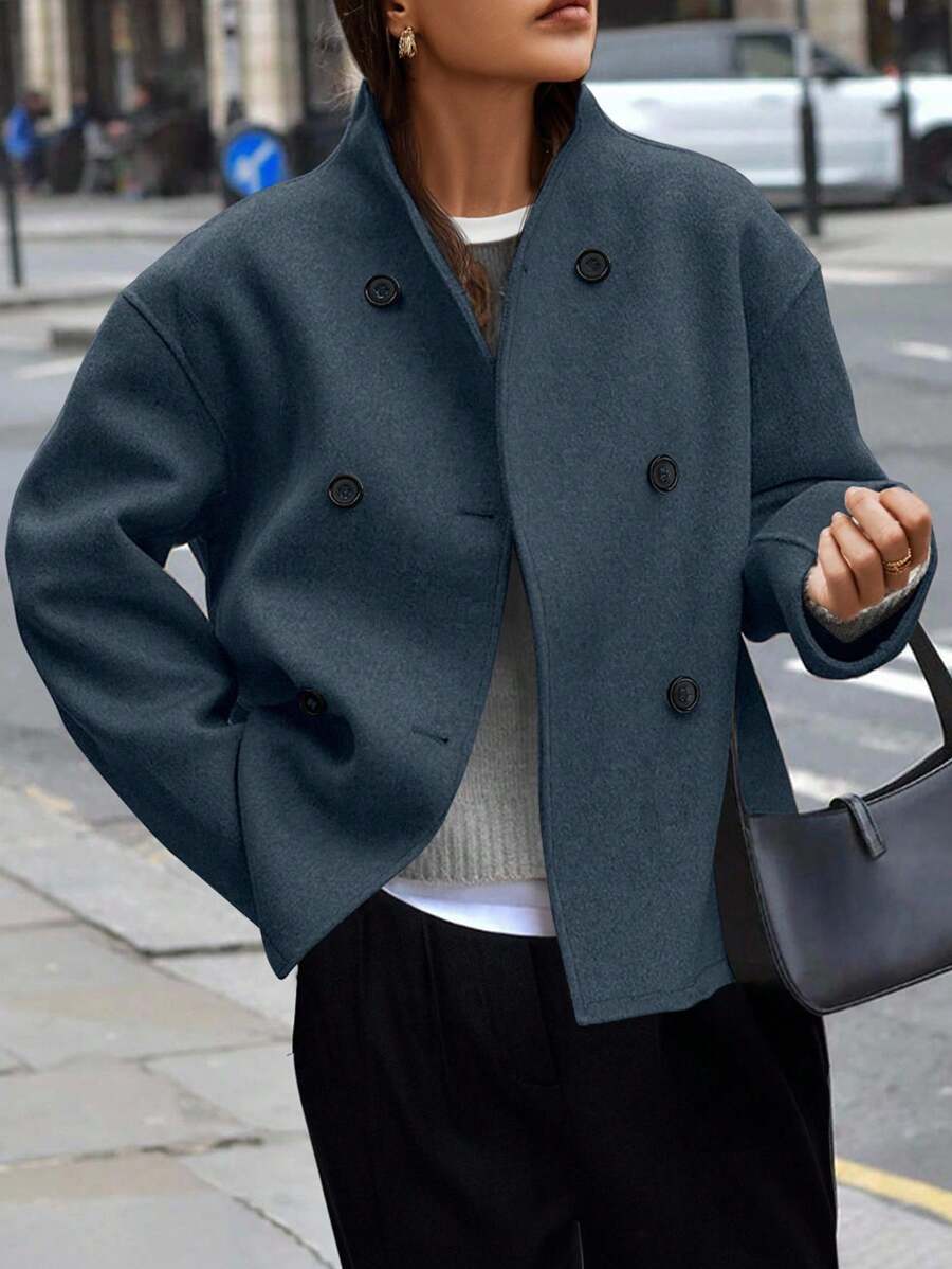 EMERY ROSE 女士纯色长袖双排扣休闲宽松大衣，秋冬 - 藍色 - 查看 1