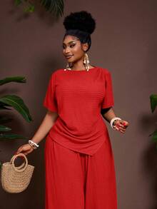 Veslaya Bộ đồ 2 món thời trang xuân/hè 2026 kiểu dáng thường ngày, thanh lịch, thích hợp cho các bữa tiệc trên đảo, chất liệu vải nhăn màu trơn, gồm áo ôm dáng tay ngắn, vạt áo nhọn và quần ống rộng cạp chun, cỡ lớn dành cho nữ. - Đỏ - Xem 6