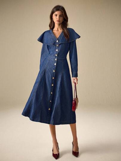 Selenza Women's Solid Color Casual Denim Mini Skirt Jean Skirt Mid Length Denim Skirt Midi Skirts For Women Denim Denim Button Down Skirt Long Denim Skirt Denim Midi Skirt Old Money Style Women's Vintage ClothingWomen's Office Clothing Simple Metallic Women's Office Blazer