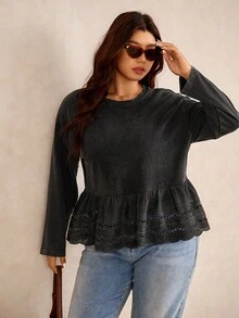 Elaquor Kaos Longgar Lengan Panjang Kasual Wanita Ukuran Besar dengan Hiasan Ruffle dan Patchwork, Musim Gugur - Hitam - View 7