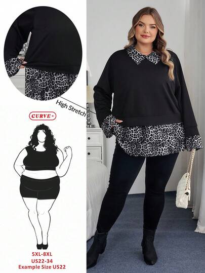 SHEIN CURVE+ Plus Size Women Leopard Print Patchwork Long Sleeve Loose Blouse, Suitable For Early Autumn, Back To School Season, Halloweenfall Clothes For Women,Winter,CURVE PLUS