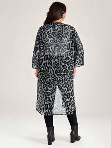SHEIN LUNE Plus Size Women Leopard Print Lightweight Adjustable Sleeve Long Jacket - Grey - View 2