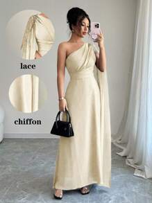 Rafferiza 女士优雅奢华网眼单肩连衣裙，带金色刺绣贴花，A 字形 - 杏色 - 查看 6