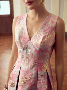 ZEYLAH Đầm không tay thiết kế xếp ly cổ chữ V họa tiết hoa jacquard thanh lịch dành cho nữ - Hồng - Xem 2