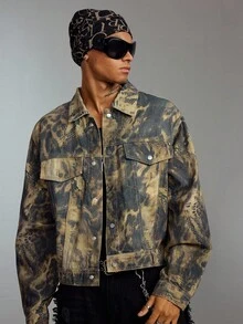 ROMWE MEN Grunge Punk Men's Autumn Leopard Print Single-Breasted Casual Loose Denim Jacket - Brown - View 3