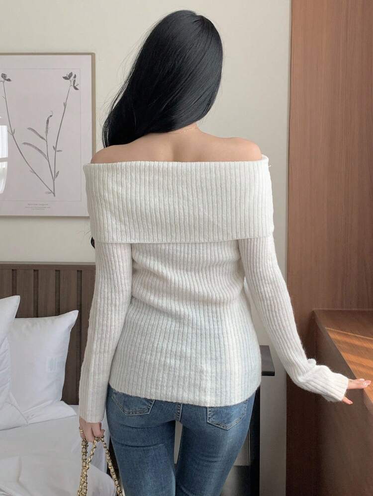 Open Shoulder Sweater Undershirt For Women, Elegant Off Shoulder High-Quality Knit Top, Long Sleeve, Autumn/Winter