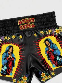 ROMWE MEN Prep 男式花卉印花人物松紧腰宽松拳击短裤 - 黑色 - 查看 4