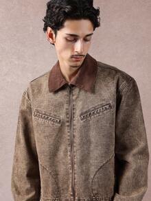 SUMWON Áo khoác denim cổ bẻ màu nâu cổ điển, áo khoác ngoài cổ điển, giặt ủi, phong cách đường phố, thường ngày, thu đông, áo khoác jean miền Tây có khóa kéo phía trước - màu nâu - Xem 4