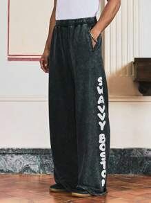 SWAVVY Men's Black Casual Loose Knit Letter Print Long Sweatpants, 2000s Style - Black - View 4