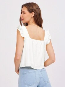 WESTFADE 纹理编织方领褶皱荷叶边飘袖休闲夏季上衣 - 白色 - 查看 5