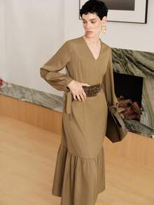 Uhlyne Women's Vintage V-Neck Commuter Dress, Old Money Style, Basic V-Neck Long Sleeve Fitted Sexy Elegant Pleated Hem With Zipper Fall Cloth For Women