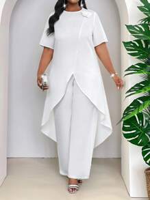 SHEIN Lady Bộ đồ 2 món thời trang công sở đi làm thanh lịch mùa xuân và mùa hè, cổ tròn, dệt màu trắng, tay ngắn cao thấp, họa tiết hoa hồng 3D cỡ lớn, trang trí hoa 3D trơn màu thanh lịch, viền bất đối xứng, áo và quần, trang phục công sở thường ngày dành cho phụ nữ, trang phục đi chơi, trang phục công sở thường ngày dành cho phụ nữ, trang phục sang trọng dành cho phụ nữ, bộ đồ mặc ở nhà dành cho phụ nữ, trang phục công sở dành cho phụ nữ, trang phục công sở thường ngày dành cho phụ nữ - trắng - Xem 3