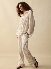 SoleilVie 2pcs Set: Tie-Up Long Sleeve Shirt And Loose Pants Fall Cloth For Women - Apricot - View 6